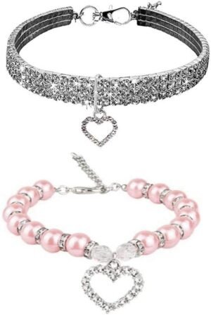 Rhinestones Dog Cat Collar Pearl Necklace Set, Adjustable Neck Strap Bling Full Diamond Crystal Cute Pearl Dog Collar for Small Girls Cats Puppy for Wedding Birthday Party (S)