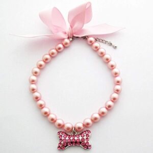 Fancy Pearls Crystal Dog Necklace Jewelry with Bling Rhinestones Big Bone Charm for Pets Cats Small Dogs Girl Teacup Chihuahua Yorkie Clothes Costume Outfits (Pink, 8 to 10-Inch)