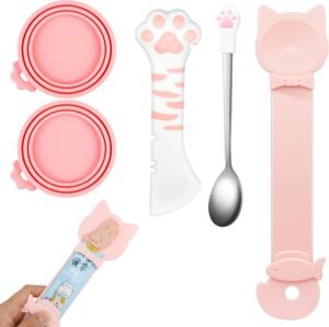 5 PCS Cat Food Can Covers Lids Set, Silicone Pet Food Can Lids with Multi-Function Cat Food Spoon and Opener, Cat Bar Squeezer, Stainless Steel Wet Food Spoon for Cats and Dogs (Pink) (Pink)