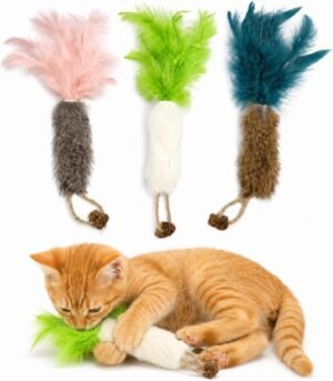 3 Pack Rabbit Fur Catnip Toys with Feathers – Interactive Carrot Cat Toys with Galls Fruit for Indoor Cats and Kittens