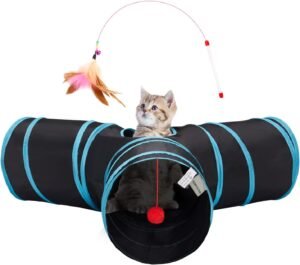 Tempcore Cat Tunnel, 3-Way Collapsible Toy for Indoor Cats, Black & Blue
