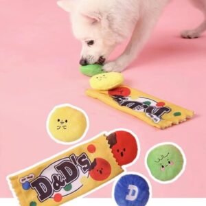 Interactive Plush Candy Snuffle & Squeaky Dog Toys – 4-Pack, Dual Sound (Crinkle & Squeaker), Treat-Hiding Chew Toy for Dogs