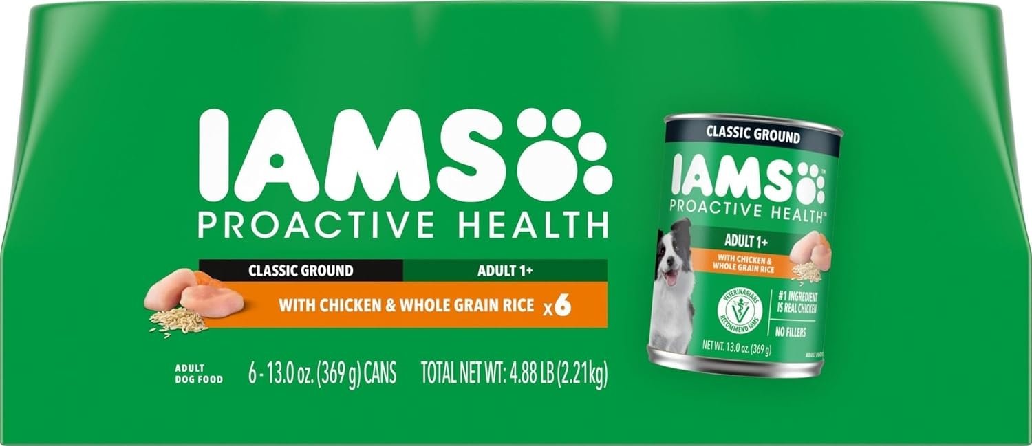 IAMS Proactive Health Ground Wet Dog Food, Chicken, 13 oz, 6-Pack | Made with real chicken, Omega-6 for skin & coat, no fillers or artificial flavors, 100% complete & balanced adult maintenance