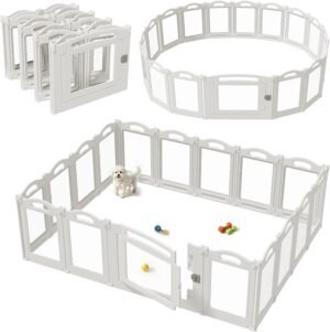 Foldable Clear Acrylic Dog Playpen with Door, 23.6" Acrylic Puppy Playpen, Easy Assemble Indoor Pet Fence with White Frame, Clear Dog Playpen for Puppies & Animal (White, 23.6‘H, 16 Panels + 1 Door)