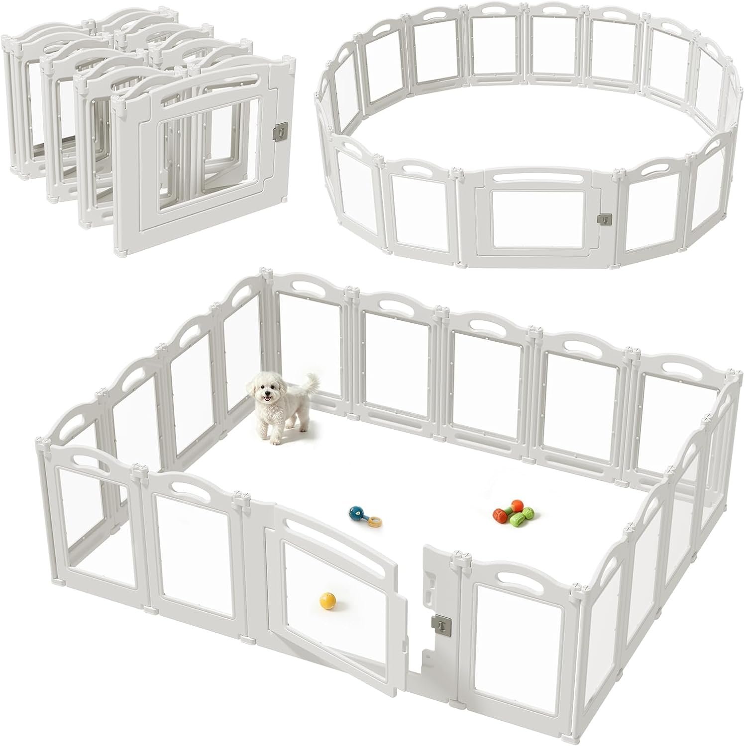 Foldable Clear Acrylic Dog Playpen with Door, 23.6" Acrylic Puppy Playpen, Easy Assemble Indoor Pet Fence with White Frame, Clear Dog Playpen for Puppies & Animal (White, 23.6‘H, 16 Panels + 1 Door)
