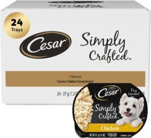 Cesar Simply Crafted Wet Dog Food Toppers, Chicken, 1.3 oz, 24 Count | Real chicken #1 ingredient, no by-products or artificial flavors, slow-cooked, natural ingredients, single-serve tubs