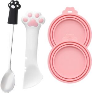 4 PCS Pet Food Can Accessory Set, Reusable Pink Silicone Can Lids with Feeding Shovel and Stainless Steel Spoon for Cat Dog Wet Food Storage