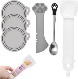 6 PCS Cat Food Can Covers Set, Reusable Silicone Can Lids with Opener, Stainless Steel Wet Food Spoon & Cat Treat Squeezer for Pet Feeding and Storage, Fits Cats & Dogs - Cat Accessories (Grey)