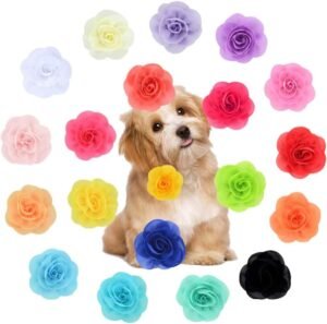 20 Pack Multi-Color Soft Chiffon Flower Bows, Pet Collar Decor for Dogs Cats Puppies