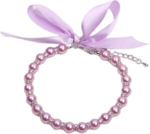 Dog Cat Pearls Necklace Collar with Bling Accessories and Ribbon Bow Pet Puppy Jewelry for Female Dogs Cats Small Medium (S, Purple)