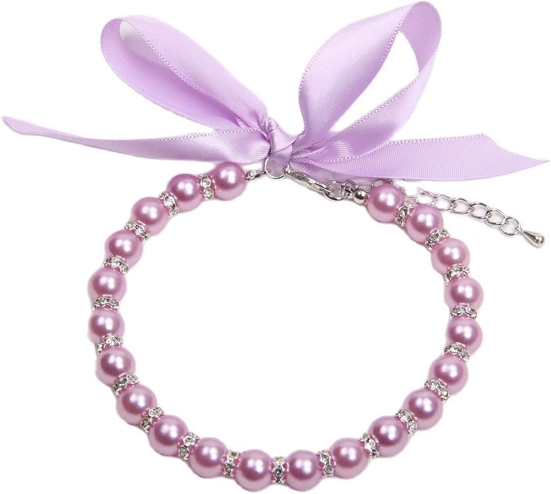 Dog Cat Pearls Necklace Collar with Bling Accessories and Ribbon Bow Pet Puppy Jewelry for Female Dogs Cats Small Medium (S, Purple)