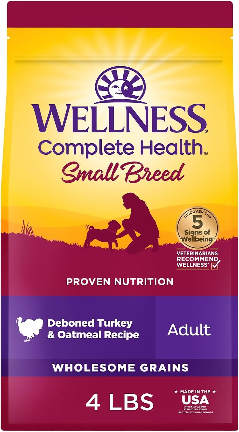 Wellness Complete Health Small Breed Adult Dry Dog Food, Wholesome Grain Kibble, Natural, Turkey and Oatmeal Recipe, 4 lb Bag