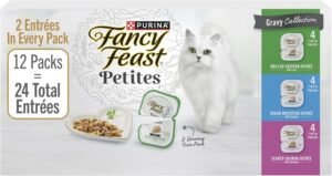 Purina Fancy Feast Petites Gravy Wet Cat Food Variety Pack, 2.8 oz, 12-Pack | 24 single servings made with Salmon, Chicken or Tuna, no artificial colors or preservatives in convenient break-apart tubs