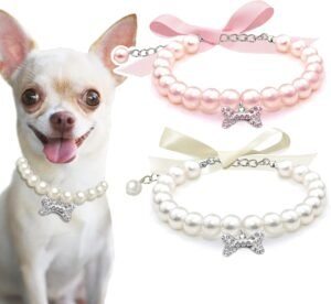 2 Pcs Fancy Dog Cat Pearl Collar Necklace with Rhinestone Bone