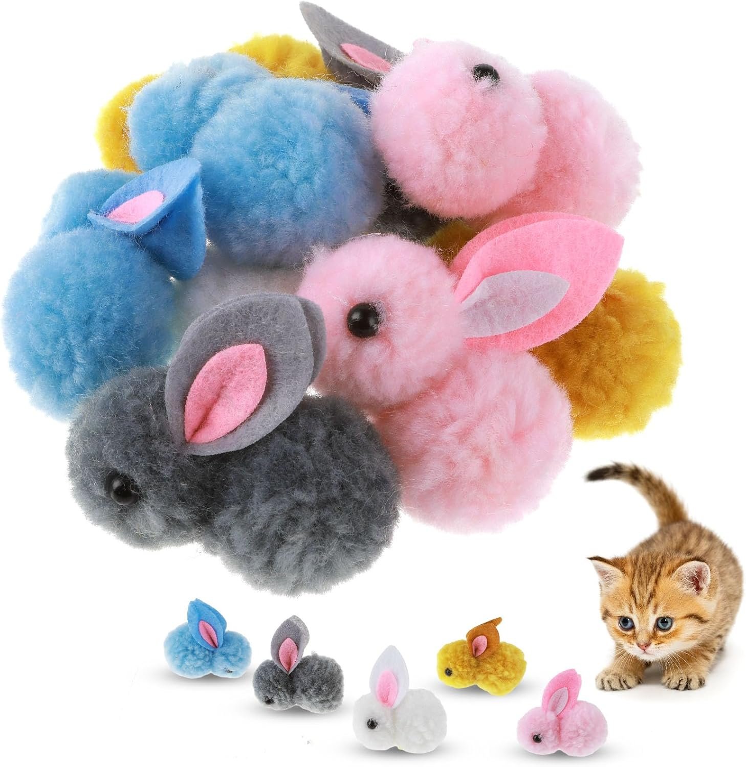 Amaxiu 10Pcs Cat Plush Toy Balls, Cute Bunny Shape Kitten Pompom