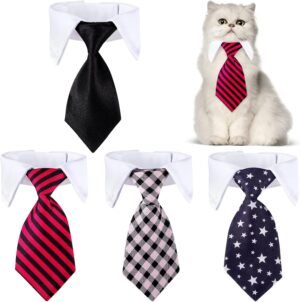 Saintrygo 4 Pieces Cat Dog Tie with Collar Adjustable Puppy Pets Formal Necktie Collars Cat Dogs Bow Ties for Small Pets Grooming Costume Accessories
