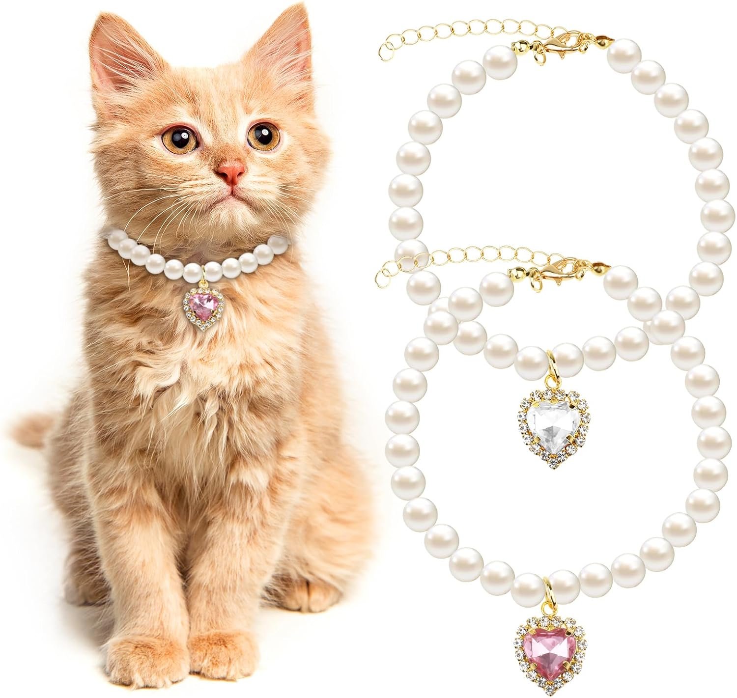 Tyqour 2pcs Cute Girl Cat Collar, Pearl Cat Dog Collar with Small Heart Shape Rhinestone for Small Dogs and Cats Adjustable Fancy Dog Pearl Necklace Collars, Pink Heart + White Heart