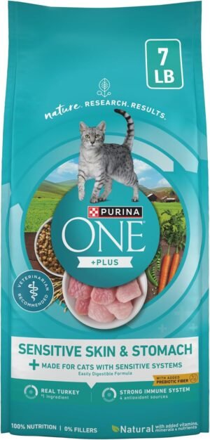Purina ONE Sensitive Skin and Stomach Dry Cat Food 7 lb Bag | Easily digestible cat food with prebiotic fiber, calcium and antioxidants for cats with sensitive systems.
