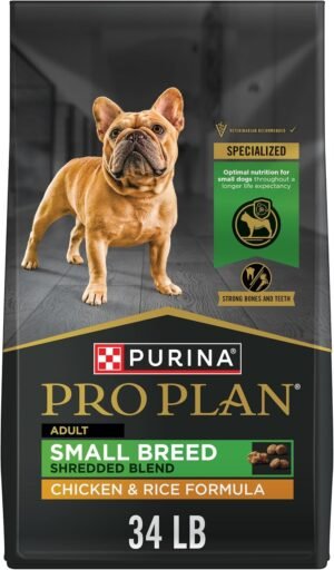 Purina Pro Plan Small Breed Dry Dog Food, Shredded Blend Chicken, 34 lb Bag | Chicken & Rice Formula small dog food with probiotics for dogs, high protein to meet needs of active adult dogs under 20 lbs