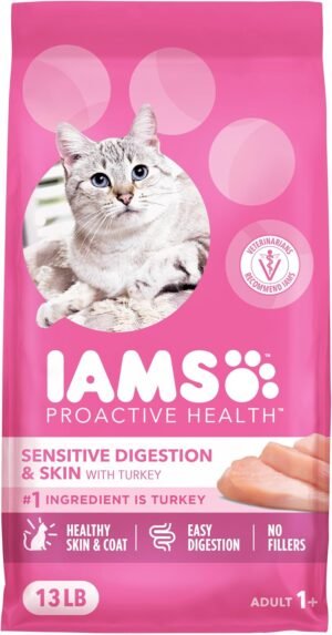 IAMS Proactive Health Sensitive Digestion Dry Cat Food, Turkey, 13 lb | Veterinarian-recommended, Real turkey #1 ingredient, prebiotics & fiber blend, Omega 6 & 3 for coat shine