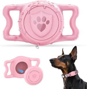 IP68 Waterproof AirTag Dog Collar Holder, Silicone Case, Pink