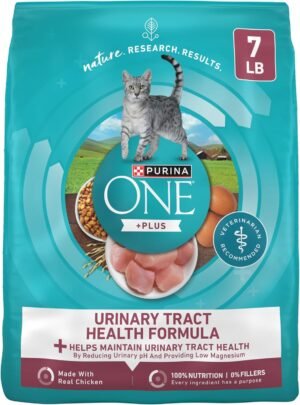 Purina ONE High Protein Urinary Tract Health Dry Cat Food, 7 lb Bag | Made with real chicken, no artificial flavors or colors. Low-magnesium formula balances pH and boosts immune defense