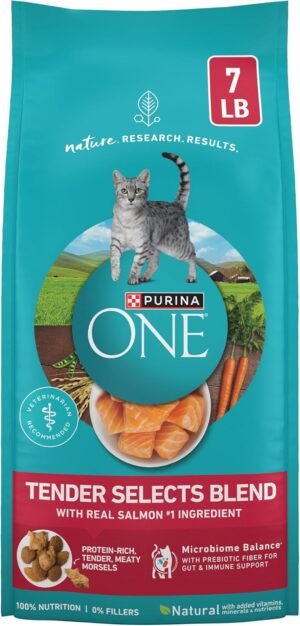 Purina ONE Tender Selects Dry Cat Food, Salmon, 7 lb Bag | Real salmon is the #1 ingredient made with carrots, peas, vitamins A and E for bright eyes, strong muscles and digestion