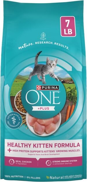 Purina ONE High Protein Natural Kitten Dry Cat Food, 7 lb Bag | Made with real chicken to support growing muscles, DHA for kitten brain development and antioxidants for immunity
