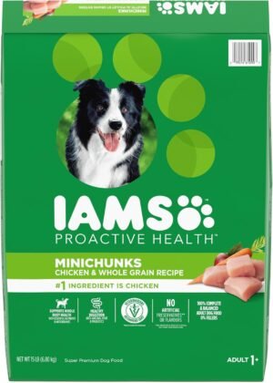 IAMS Proactive Health Adult Minichunks Dry Dog Food, Chicken, 15 lb | Real chicken #1 ingredient, no fillers, natural fiber & prebiotics, Omega-6 fatty acids, antioxidants for immune support