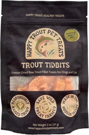 Trout Tidbits, Freeze-Dried Raw Trout Fillet Treats for Dogs and Cats, Single Ingredient, High in Natural Protein and Omega 3s (2 oz Package), 100% Grown, Harvested, Produced, and Packaged in USA