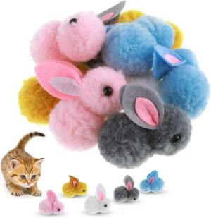10Pcs Cat Toy Balls, Cute Bunny Shape Pompom Ball 5.5Cm/2.16In Soft Kitten Puff Toys for Pet Indoor Cat Play Training Fetching