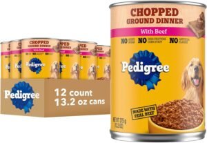 Pedigree Chopped Ground Dinner Wet Dog Food, Beef, 13.2 oz, 12 Count | 36 vitamins, minerals & amino acids, 30%+ water for hydration, slow cooked with real beef, serve as topper or complete meal