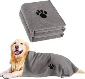 Puomue 2 Pack Microfiber Dog Towels for Drying Dogs, Super Absorbent and Soft Pet Towels for Dogs or Cats, 40''X23.6'', Pet-Friendly, Perfect for Pets of Different Sizes and Fur Types, Grey