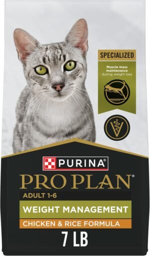 Purina Pro Plan Weight Management Dry Cat Food, Chicken & Rice, 7 lb Bag | Weight control cat food with 43% protein, prebiotic fiber for digestion, vitamin A and taurine for vision, omega 6 for skin