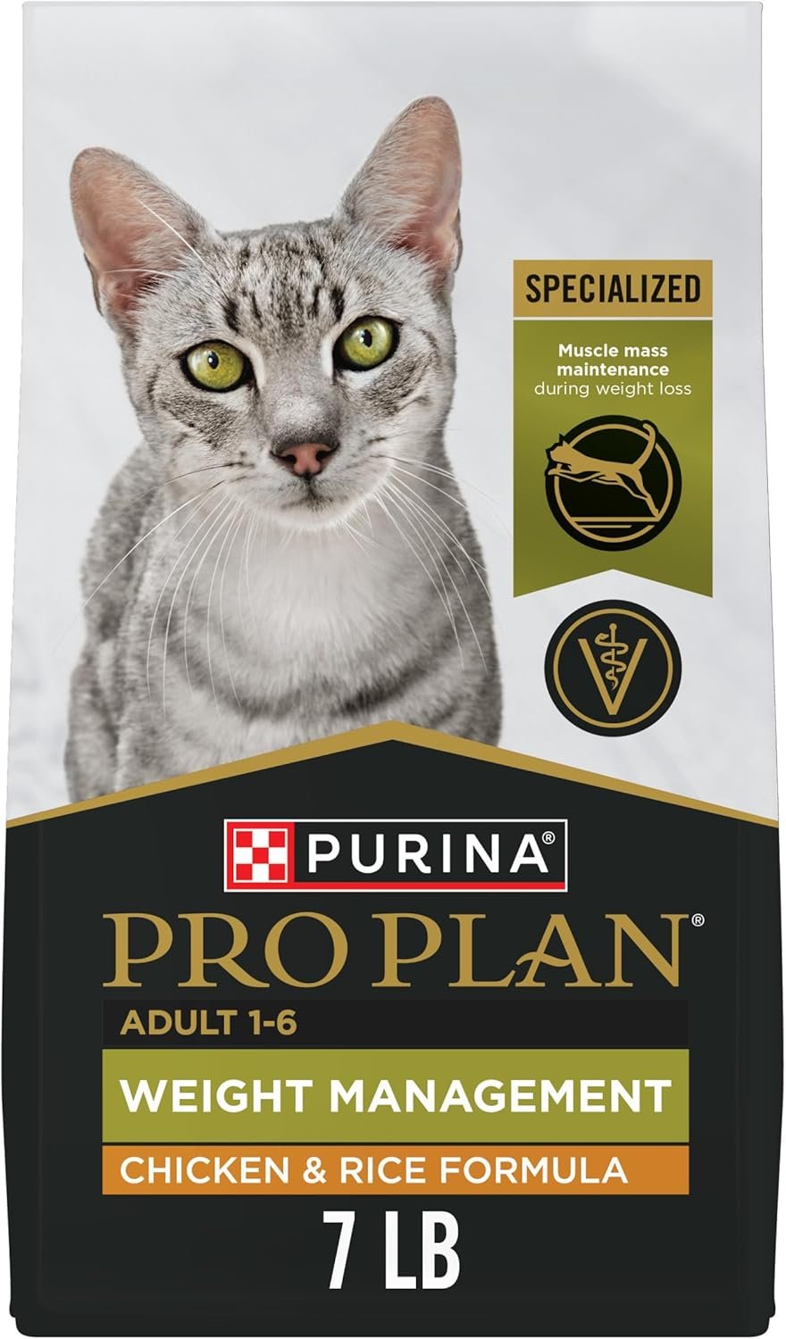 Purina Pro Plan Weight Management Dry Cat Food, Chicken & Rice, 7 lb Bag | Weight control cat food with 43% protein, prebiotic fiber for digestion, vitamin A and taurine for vision, omega 6 for skin