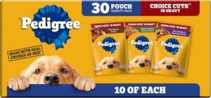 Pedigree Choice Cuts Wet Dog Food Pouch, Protein Variety, 3.5 oz, 30 Count | Beef, Chicken & Filet Mignon, no added sugars or artificial flavors, 36 vitamins & minerals, 50%+ water, complete & balanced