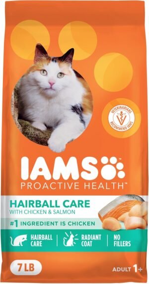 IAMS Proactive Health Hairball Dry Cat Food, Chicken & Salmon, 7 lb | Veterinarian-recommended, reduces hairballs, supports healthy digestion, maintains healthy weight, nourishes heart