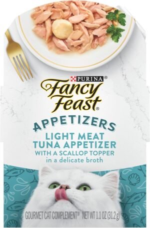 Purina Fancy Feast Appetizers, Tuna with Scallop Topper, 1.1 oz, 10-Pack | Flavorful lickable grain-free Wet Cat Food Topper, made with High-Quality protein in a delicate broth