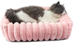 Pink Doggie Beds for Extra Small Dogs Washable,Rectangle Tiny Pet Bed With Sides for Puppy and Kitten,Soft Plush Calming Couch Sofa,Comfy Fluffy Cute Cat Beds for Indoor Cats,Anti-Slip,18x14x4 Inches