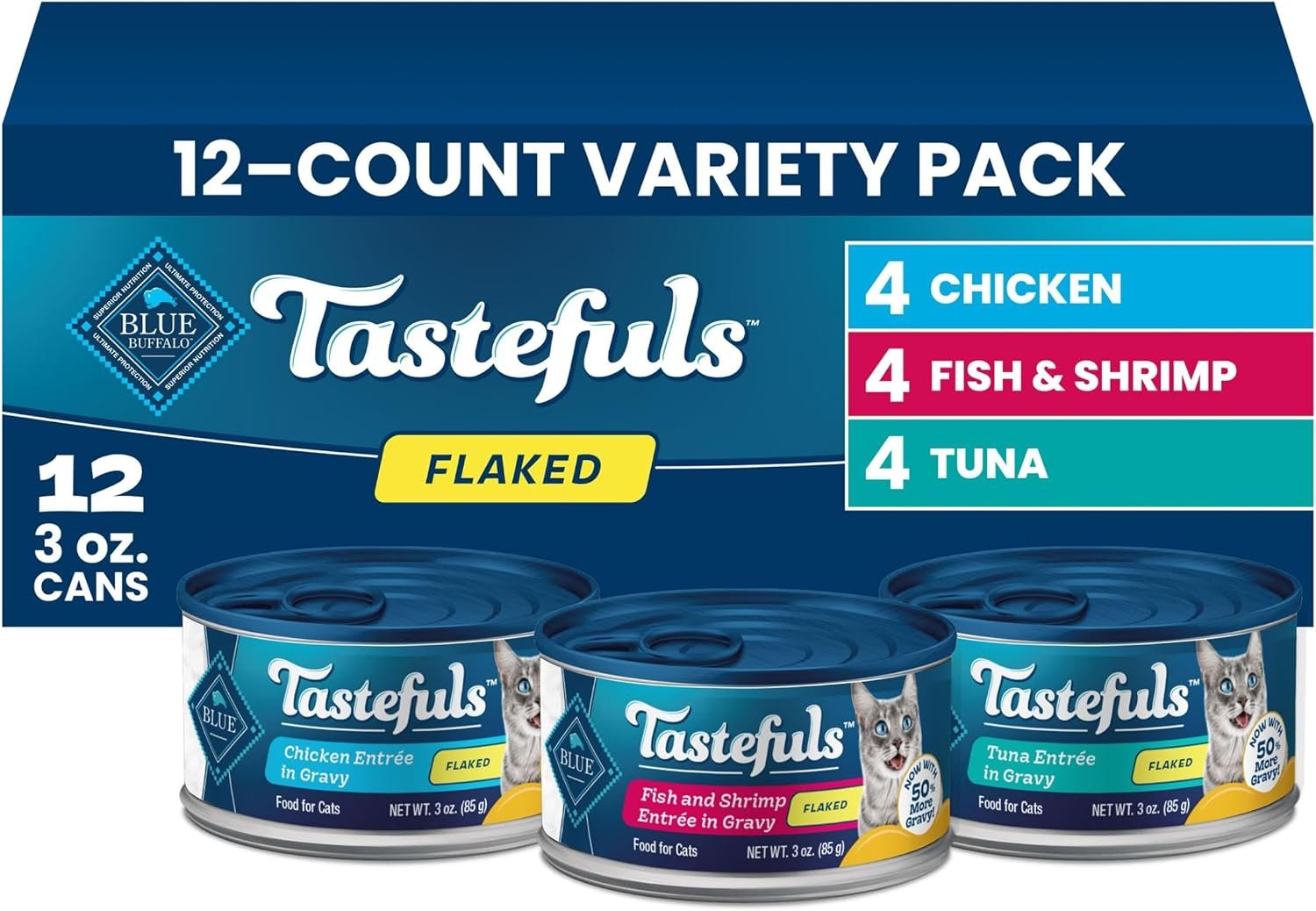 Blue Buffalo Tastefuls Variety Pack Wet Cat Food, 3 oz, 12 ct | Tuna, Chicken & Fish and Shrimp Entrées in Gravy (4 of Each), No Corn, Wheat, or Soy