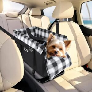 Center Console Dog Car Seat for Small Dogs Up to 11lbs, Anti-Collapse with Hard Support Board, Detachable Washable Cushion & Built-in Safety Belt | Chihuahua, Yorkie, Shih Tzu,Black