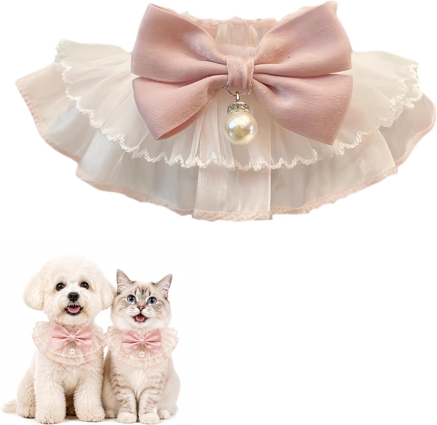 Pink Lace Bandana Collar for Cats&Small Dogs with Bow and Pearl Charm