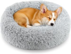 Calming Donut Dog and Cat Bed for Indoor Cats, Anti-Anxiety Round Fluffy Soft Washable Small Pet Bed for Puppy and Kitten, Warming Comfortable Luxury Anti-Slip Waterproof Mute Base 20in Gray