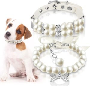Hicarer 2 Pcs Pet Dog Pearl Collar and Necklace Set, White, S