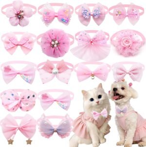 15Pcs Pink Pet Bow Bands, Decorative Bow Collars for Cats & Small Dogs