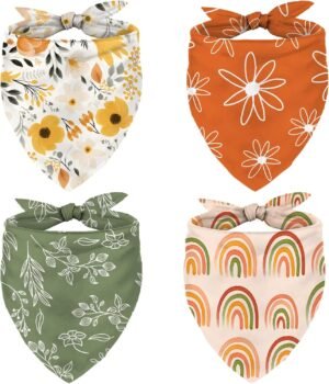 Whaline 4 Pcs Boho Pet Bandanas, Daisy Rainbow Floral Flower