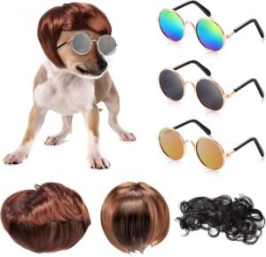 MTLEE 6 Pcs Dog Wig Sunglasses Set, Retro Costume for Small Puppies Cats