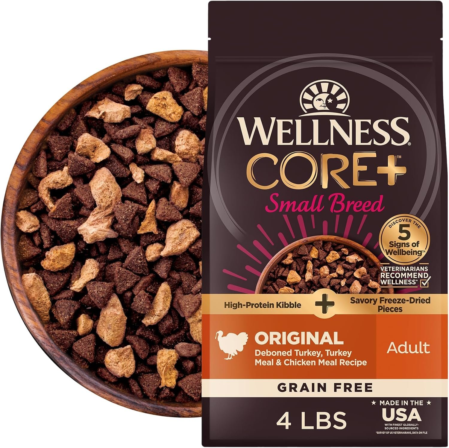 Wellness CORE+ Small Breed Adult Dry Dog Food with Freeze Dried Pieces, Grain Free Kibble+, Natural, High Protein, Turkey and Chicken Recipe, 4 lb Bag