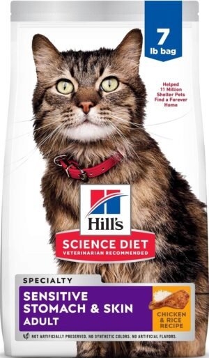 Hill's Science Diet Sensitive Stomach & Skin Dry Cat Food | #1 Veterinarian Recommended, Adult Formula, Chicken & Rice, 7 lb. Bag (Updated Formula)