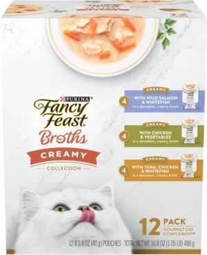 Purina Fancy Feast Broths Creamy Wet Cat Food, 1.4 oz, 12 Pouches | Variety Pack with lickable broth topper. Contain no by-products, artificial flavors, colors or preservatives